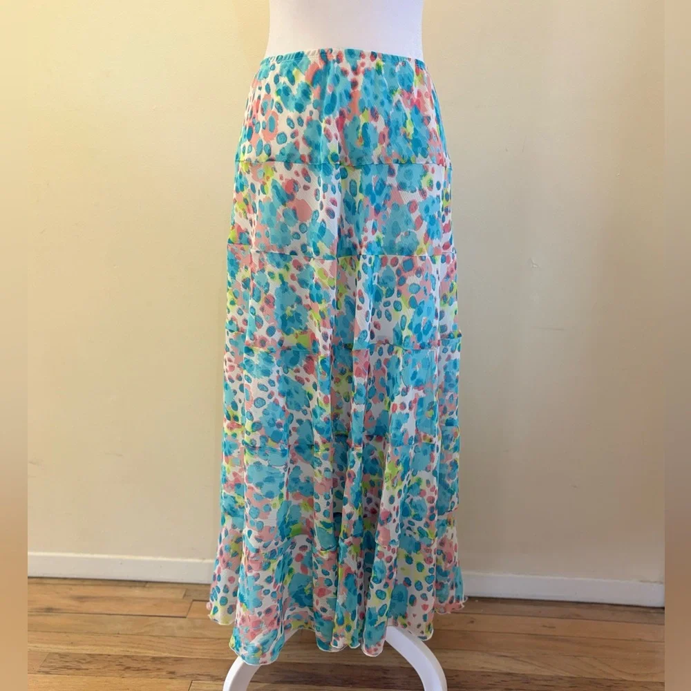 Ruby Rd Pink Blue Watercolor Flowy Ruffle Maxi Skirt Size 20W